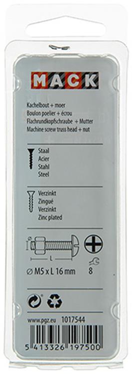 Mack 1017544 - perno estufa + tuerca acero galvanizado 16 piezas m5 x 16 mm | 10 piezas