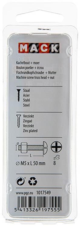 Mack 1017549 - perno calentador + tuerca acero galvanizado 8 piezas m5 x 50 mm | 5 piezas