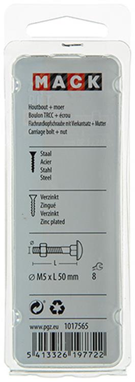 Mack 1017565 - perno para madera + tuerca acero galvanizado 8 piezas m5 x 50 mm | 5 piezas