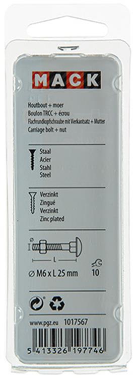 Mack 1017567 - perno para madera + tuerca acero galvanizado 9 piezas m6 x 25 mm | 5 piezas