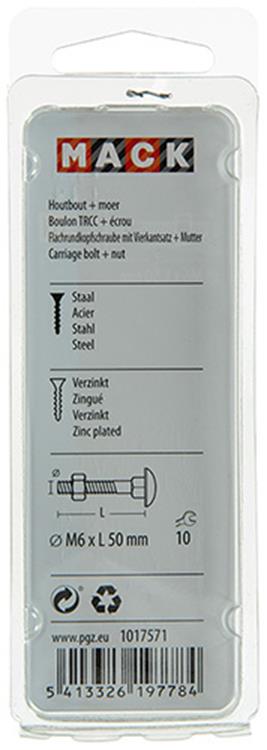 Mack 1017571 - perno para madera + tuerca acero galvanizado 7 piezas m6 x 50 mm | 5 piezas