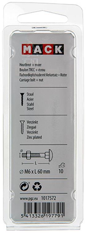 Mack 1017572 - perno para madera + tuerca acero galvanizado 6 piezas m6 x 60 mm | 5 piezas
