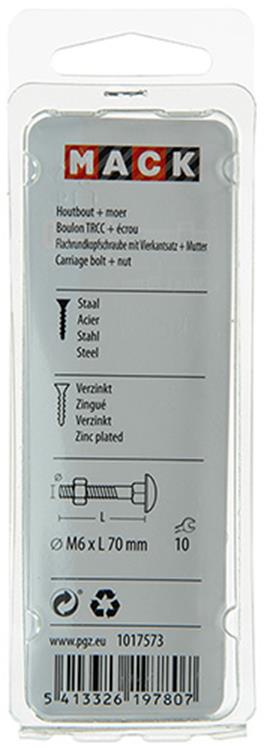 Mack 1017573 - perno para madera + tuerca acero galvanizado 5 piezas m6 x 70 mm | 5 piezas