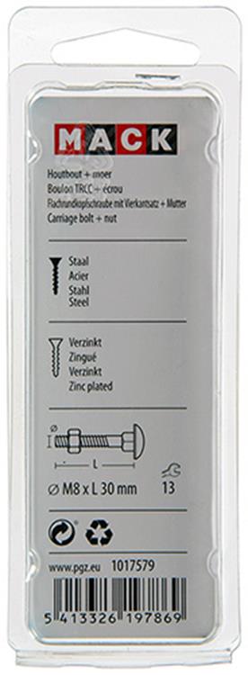 Mack 1017579 - perno para madera + tuerca acero galvanizado 6 piezas m8 x 30 mm | 5 piezas