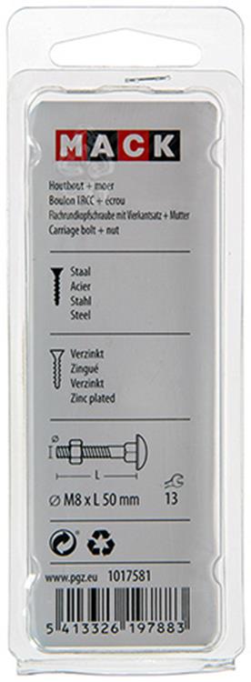 Mack 1017581 - perno para madera + tuerca acero galvanizado 5 piezas m8 x 50 mm | 5 piezas