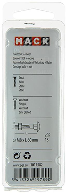 Mack 1017582 - perno para madera + tuerca acero galvanizado 4 piezas m8 x 60 mm | 5 piezas