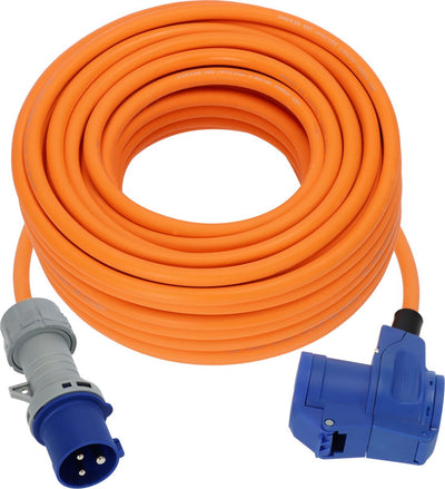Brennerstuhl cee extension cable 25m cable in orange (cee plug and angle coupling incl. combination socket with LED voltage indicator, 230v 16a, for permanent outdoor use, made in Germany)