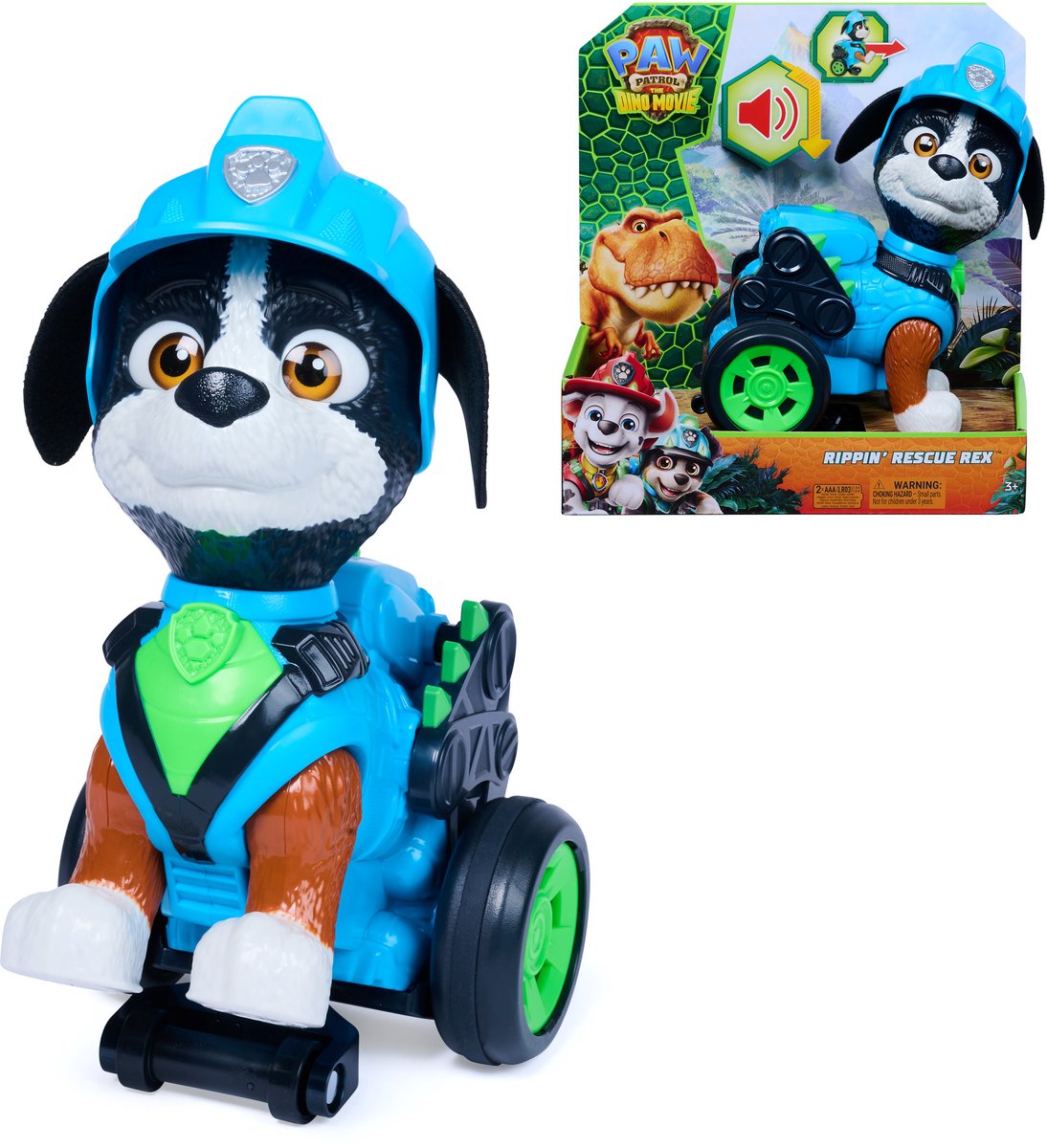 Paw Patrol - il film Dino - Rippin Rescue Rex, action figure pull-back da 20,3 cm con suono e acrobazie attivate