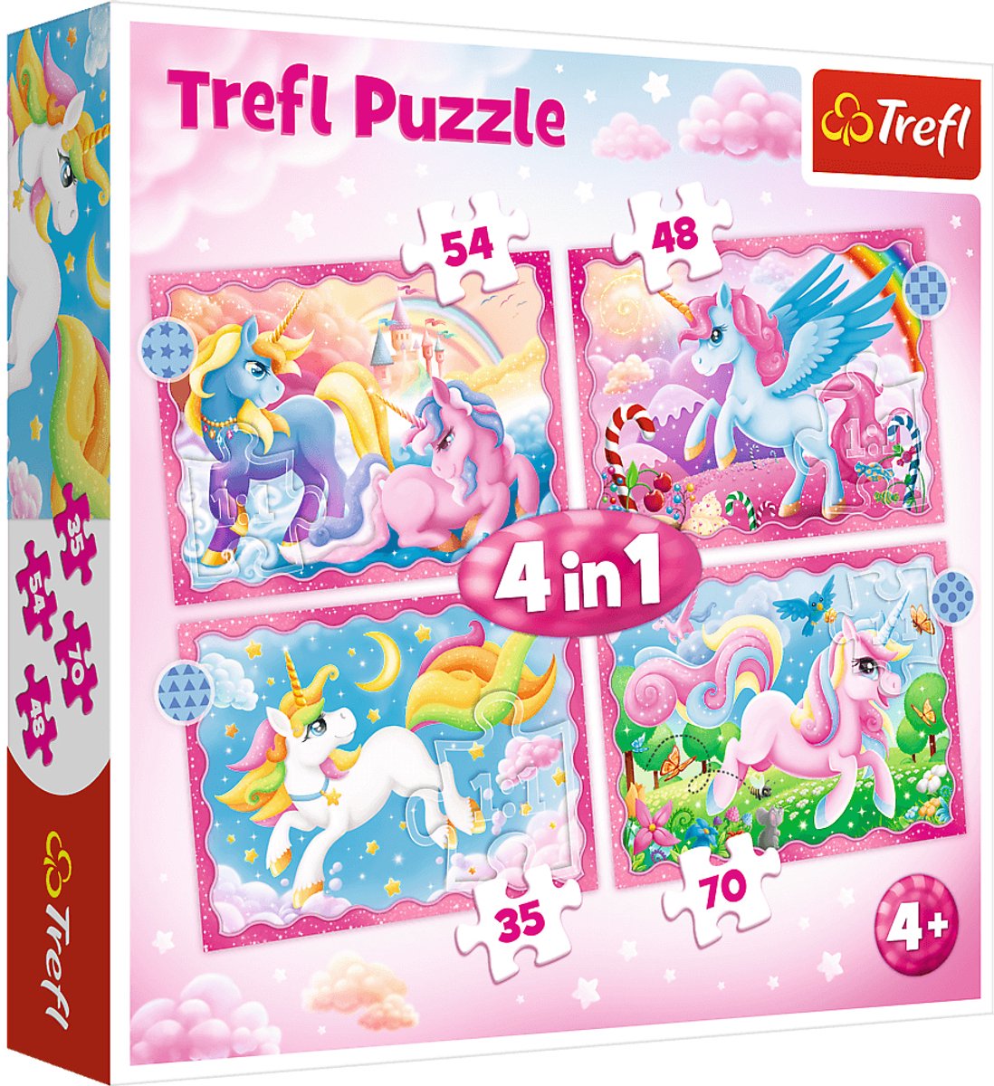 Set puzzle Trefl unicorni e magia - Divertente puzzle 4 in 1 per bambini.