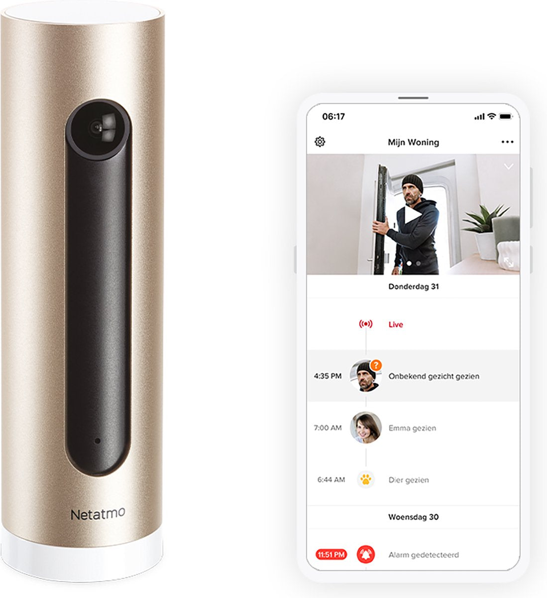 Telecamera da interno intelligente Netatmo - Telecamera di sicurezza WiFi - Rilevamento movimento - Visione notturna - Funziona con Google Home, Alexa e Apple Home Kit - 1 pezzo - Oro