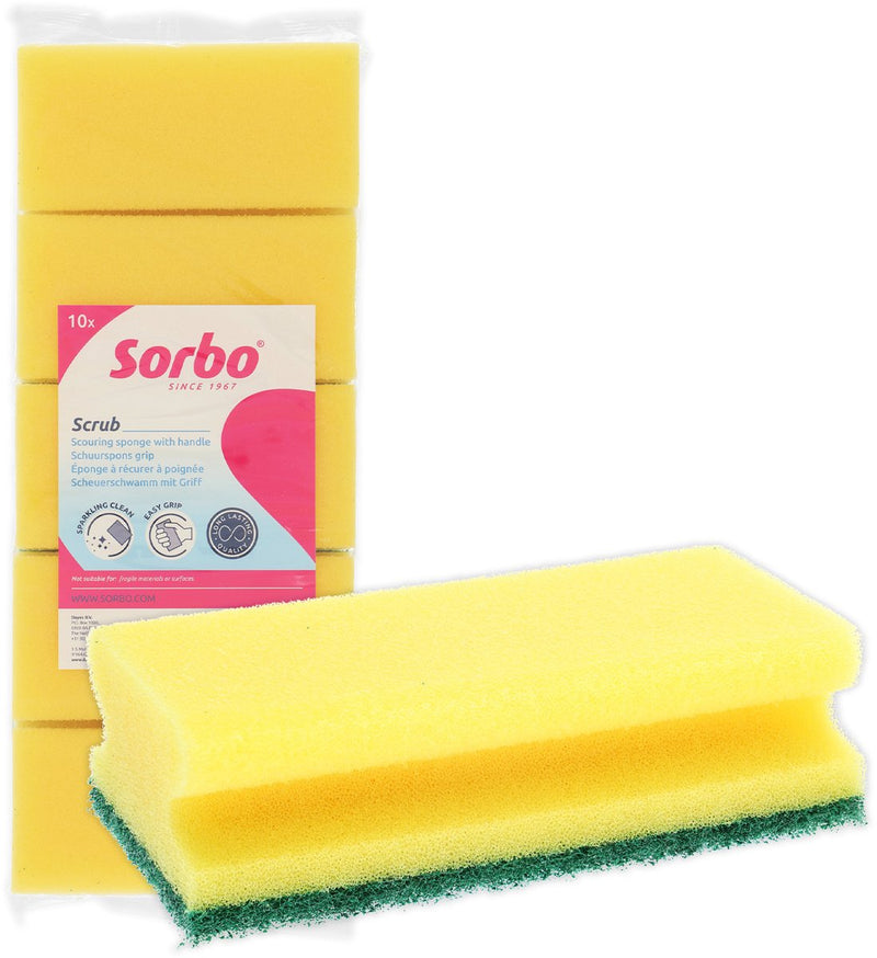 Esponja abrasiva Sorbo – juego de 10 piezas – con mango lado abrasivo verde – para suciedad difícil, grasa y cal – viscosa