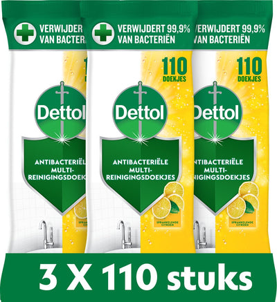 Salviette detergenti antibatteriche Dettol - limone frizzante - 110 x 3 pezzi - confezione risparmio