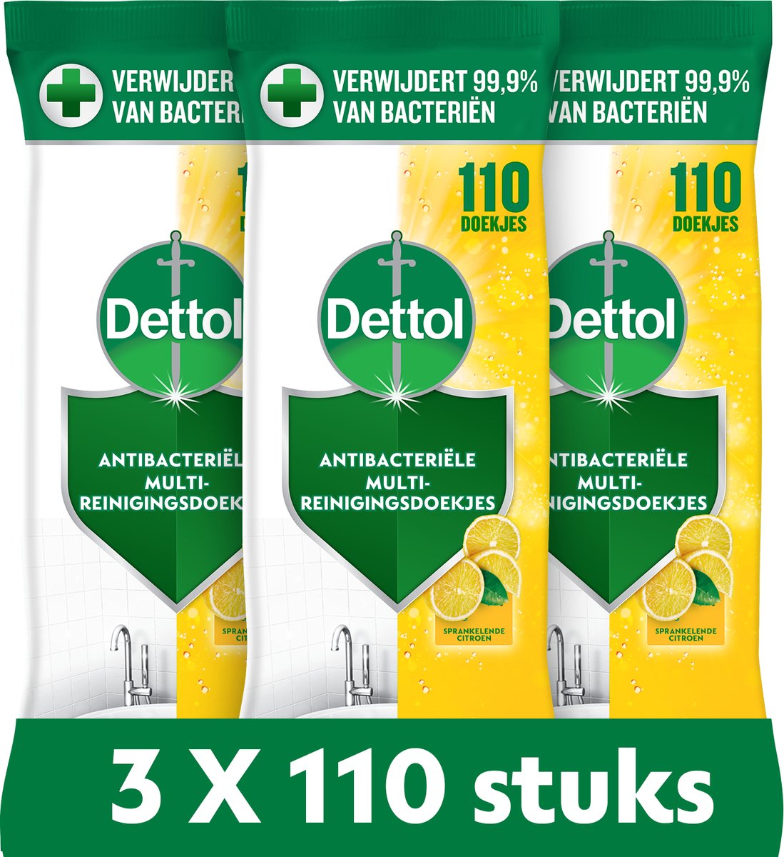 Salviette detergenti antibatteriche Dettol - limone frizzante - 110 x 3 pezzi - confezione risparmio