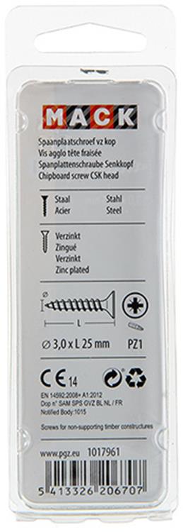 Mack 1017961 - tornillo para aglomerado con cabeza galvanizado amarillo 100uds 3,0 x 25 mm | 5 piezas
