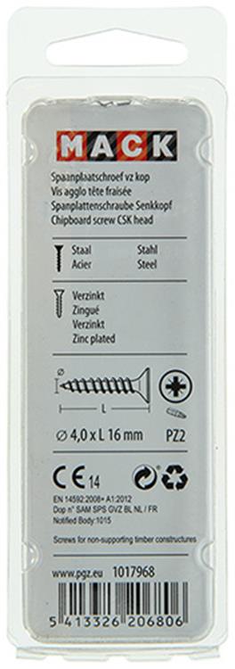 Mack 1017968 - tornillo para aglomerado con cabeza chapada en amarillo. 95 piezas de 4,0 x 16 mm | 5 piezas