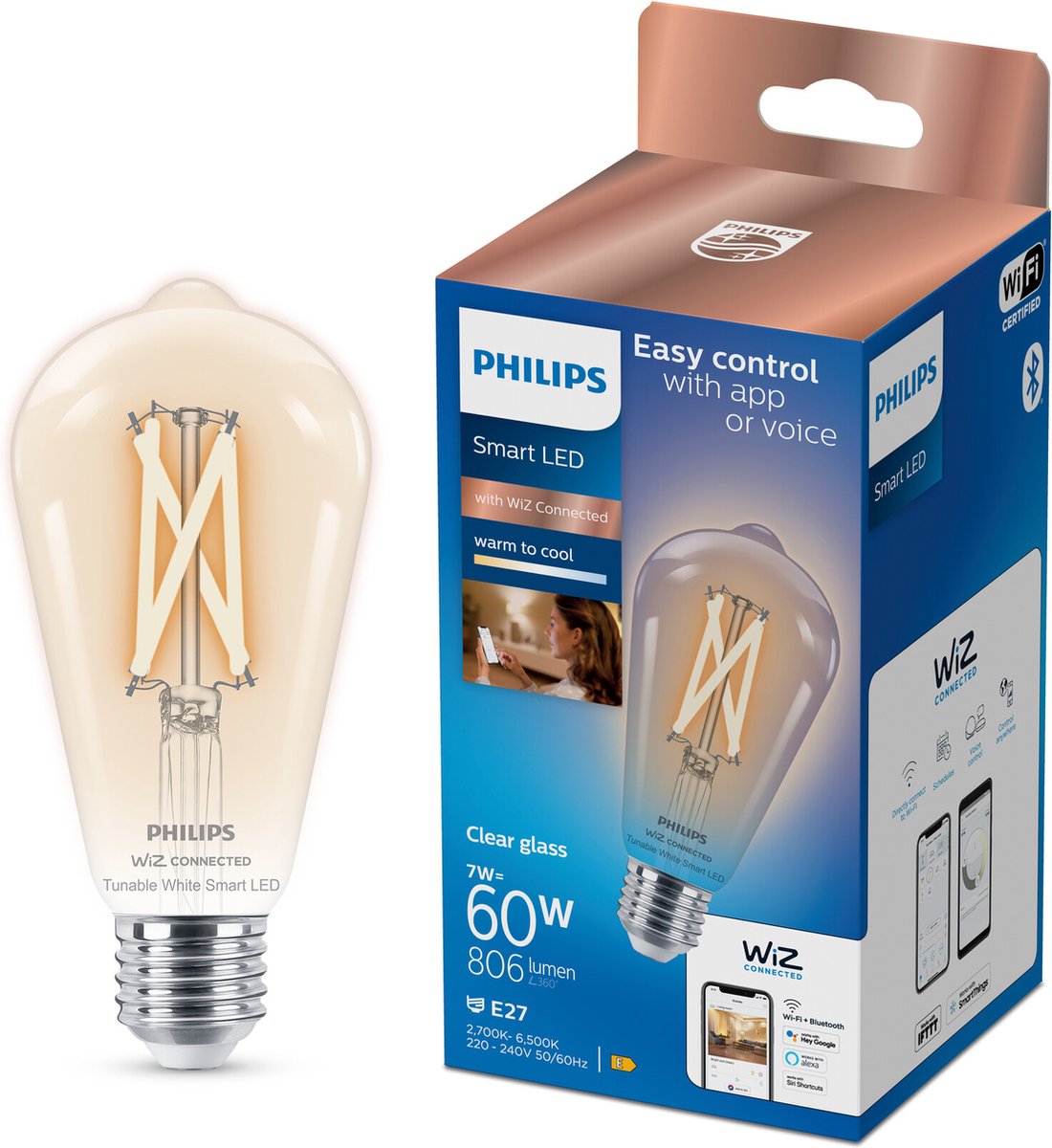 Philips smart lighting - edison filament - smart LED lighting - warm to cool white light - e27 - 60w - transparent - wi-fi