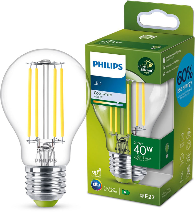 Philips LED Lampada LED ultraefficiente Philips - trasparente - 40w - attacco E27 - luce bianca fredda: 4000k - risparmia sui costi energetici