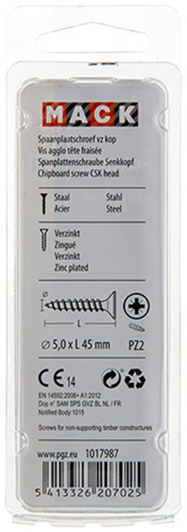 Mack 1017987 - tornillo para aglomerado con cabeza chapada en amarillo. 27 piezas 5,0 x 45 mm | 5 piezas