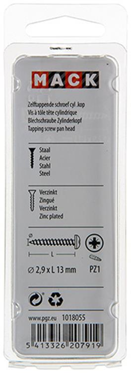 Mack 1018055 - tornillo autorroscante cabeza cilíndrica chapada 100 piezas 2,9 x 13 mm | 10 piezas