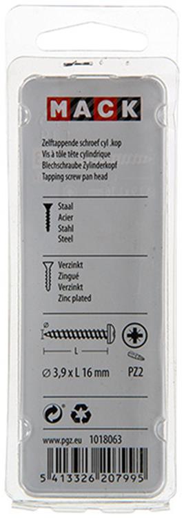 Mack 1018063 - tornillo autorroscante con cabeza cilíndrica galvanizada. 60 piezas 3,9 x 16 mm | 5 piezas