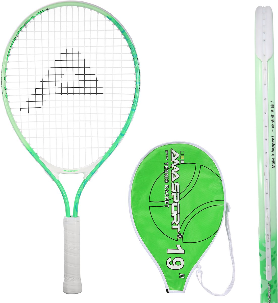 Raqueta de tenis para niños ama sport verde 19 pulgadas - raqueta junior ligera con bolsa - ideal para principiantes -