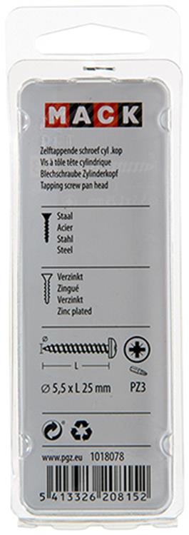 Mack 1018078 - tornillo autorroscante con cabeza cilíndrica galvanizada. 22 piezas 5,5 x 25 mm | 5 piezas