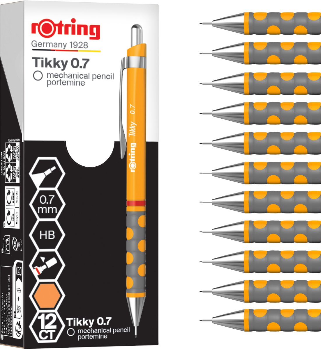 Rotring tikky vulpotlood | hb 0,7 mm | marigold-huls (oranje) | lichtgewicht met rubberen grip | 12 stuks