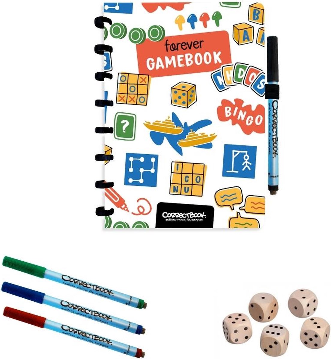 Quaderno cancellabile Correctbook A5 – libro di gioco per sempre – libro di giochi riutilizzabile – con penne, panno per la pulizia, dadi – può essere utilizzato anche come quaderno dei punteggi