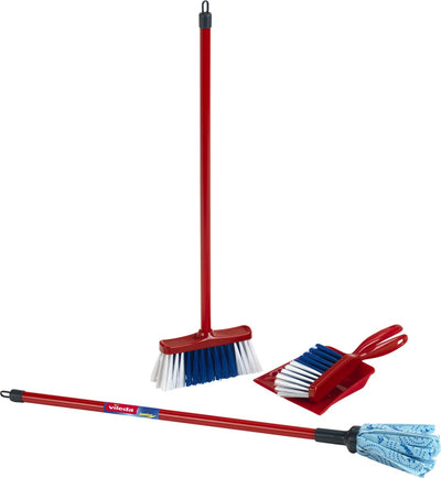 Klein Toys Vileda Set per la pulizia dei giocattoli da 4 pezzi - Lavapavimenti, scopa, paletta e paletta - plastica di alta qualità - rosso blu