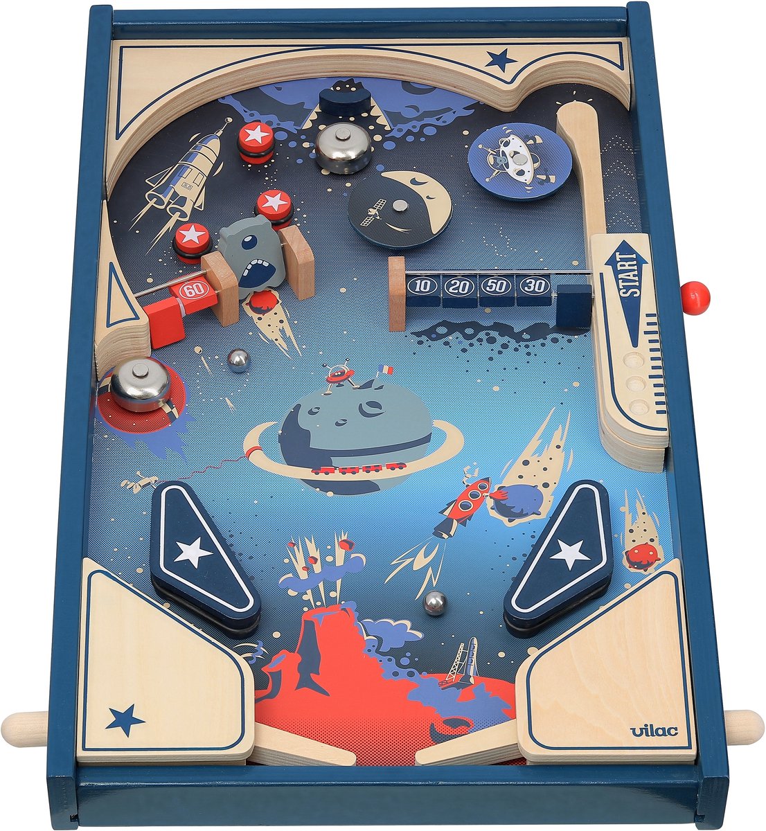 Máquina de pinball Vilac con temática espacial de madera, juego infantil de diseño vintage.