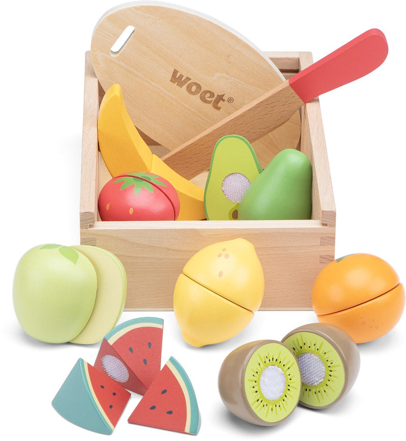 Woet ® set da taglio in legno per frutta in scatola - set da gioco con tagliere, mela, banana, limone, fragola - cibo giocattolo educativo - giochi di ruolo da cucina - da 2 anni