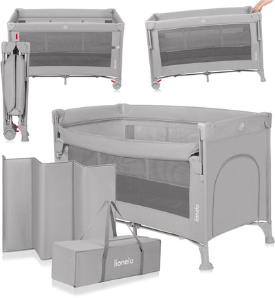 Lionelo ellen reisbedje 3 in 1 – aanschuifbedje, baby- peuterbed - co-sleeper -– campingbed – 2 matrasposities – opvouwbaar – wieltjes met rem – inclusief draagtas – tot 15 kg