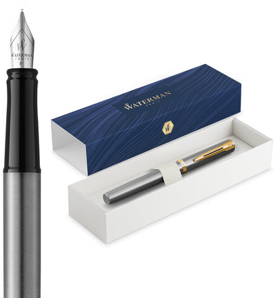 Pluma estilográfica impresión Waterman | punta de llenado mediana con relleno de tinta azul | acero inoxidable con acabado dorado | caja de regalo
