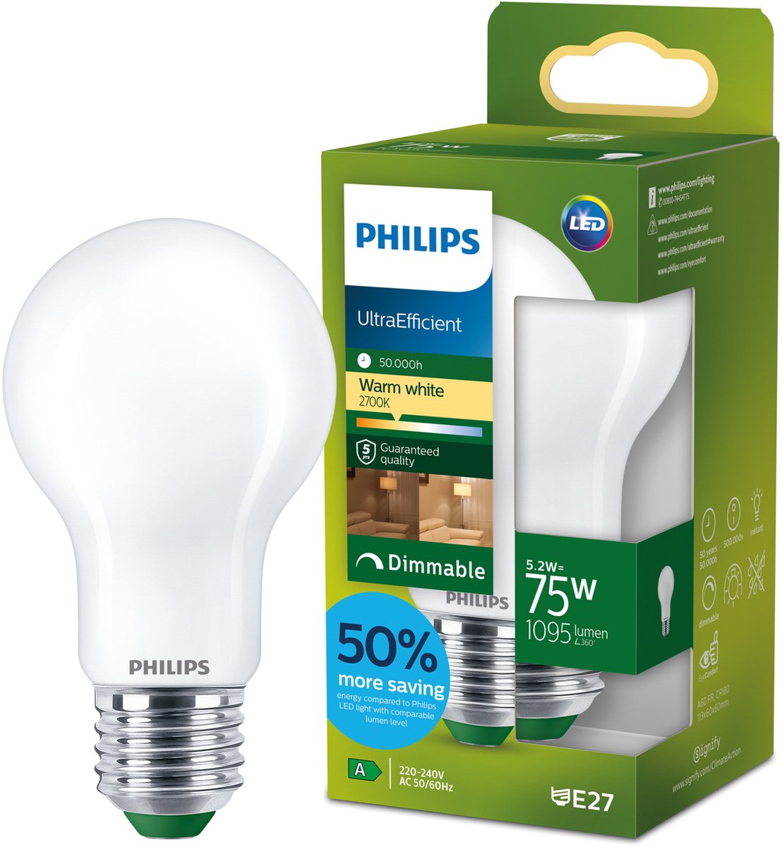 Philips led philips ultraefficient led lamp - 75w - e27 fitting - warmwit licht: 2700k - dimbaar - mat glas - a60 lampvorm - lange levensduur