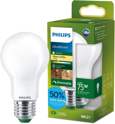 Philips LED Lampada LED ultraefficiente Philips - 75w - attacco E27 - luce bianca calda: 2700k - dimmerabile - vetro smerigliato - forma della lampada A60 - lunga durata