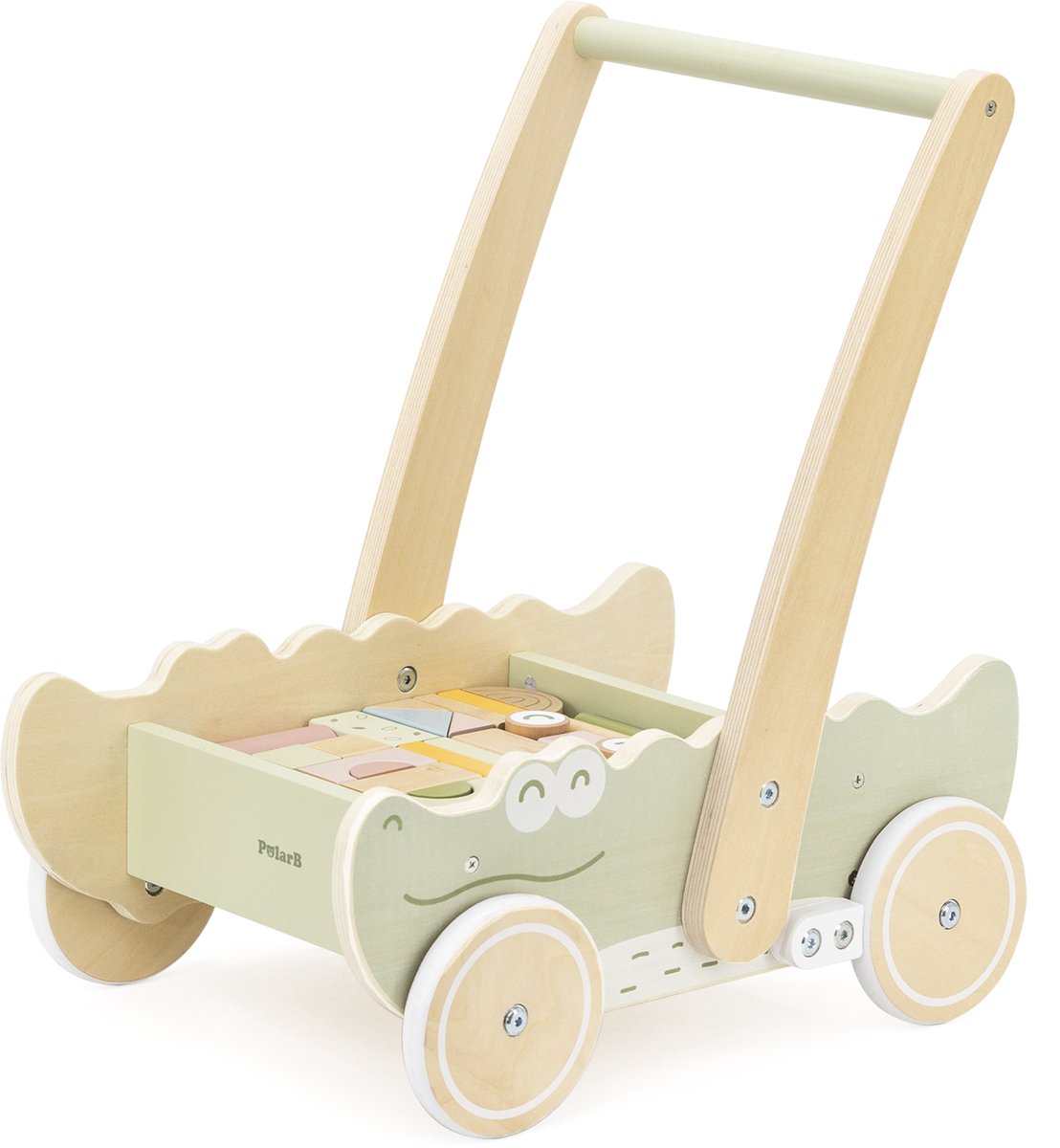 Polarb houten loopwagen krokodil – blokkenwagen met 40 blokken – looptrainer met snelheidscontrole (12+ mnd)