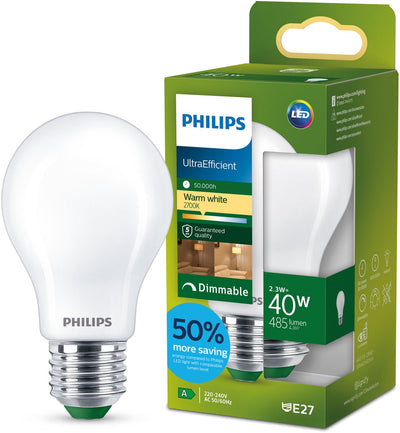 Philips LED Lampada LED ultraefficiente Philips - 40W - attacco E27 - luce bianca calda: 2700k - dimmerabile - vetro smerigliato - forma della lampada A60 - lunga durata