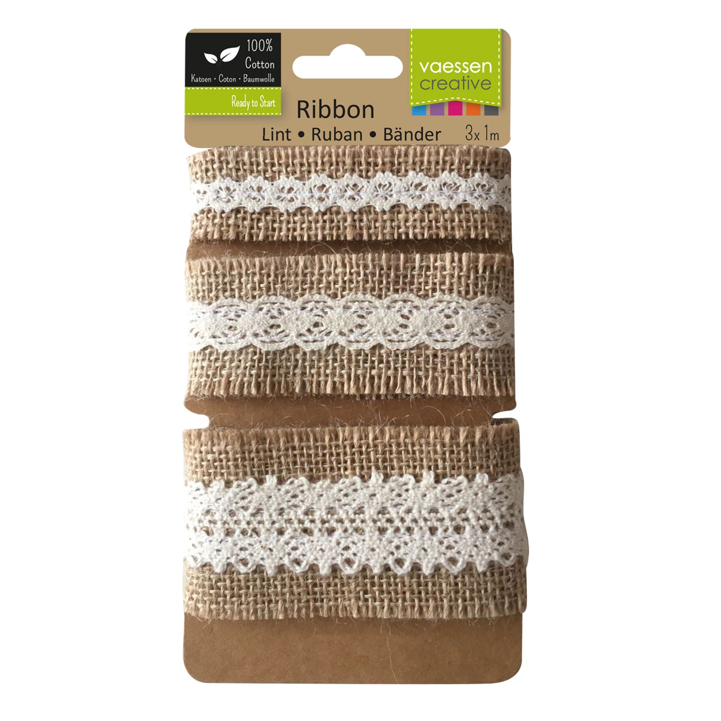 Vaessen creative • assortimento nastro di iuta pizzo avorio naturale 3 pezzi 1 m