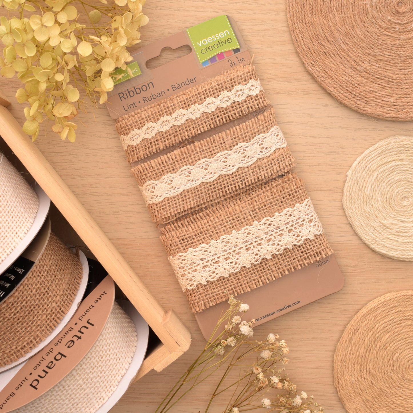 Vaessen creative • assortimento nastro di iuta pizzo avorio naturale 3 pezzi 1 m