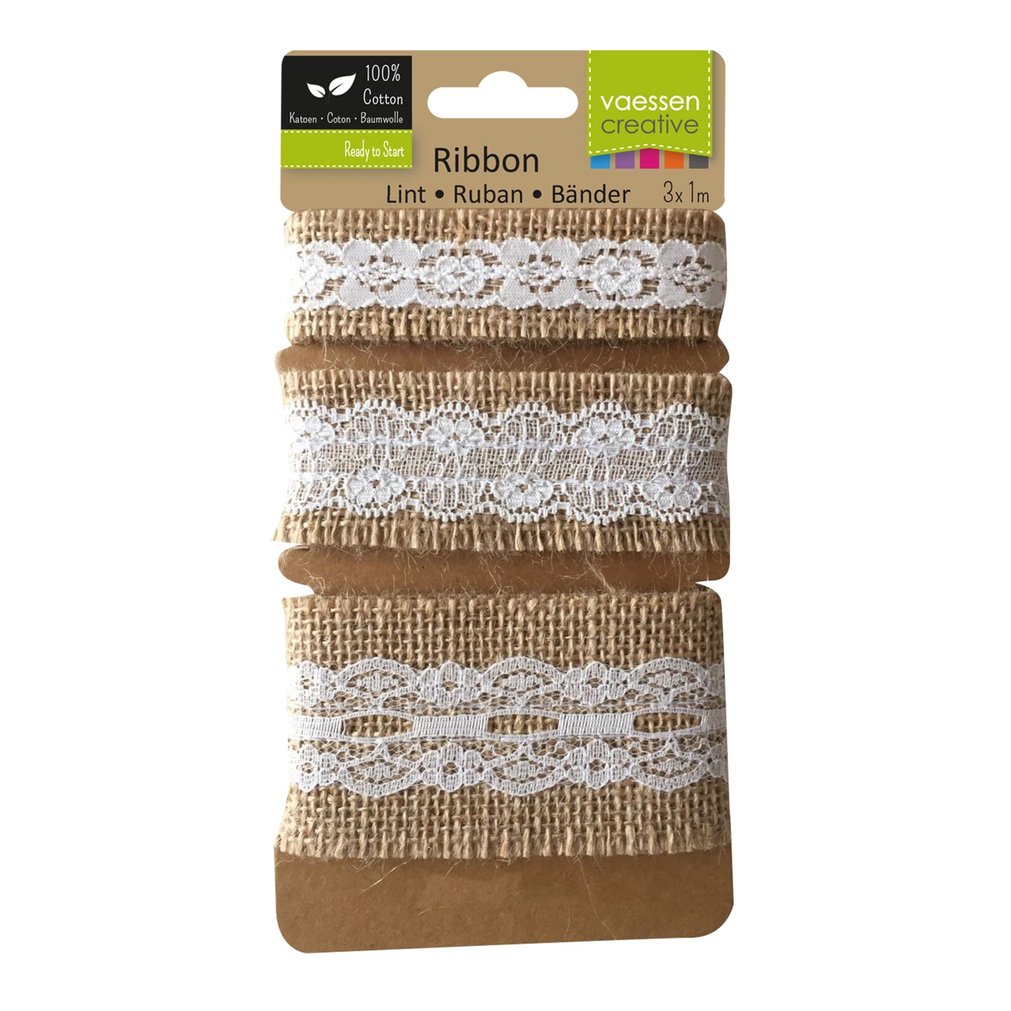 Vaessen creative • assortimento nastro di iuta pizzo avorio naturale 3 pezzi 1 m