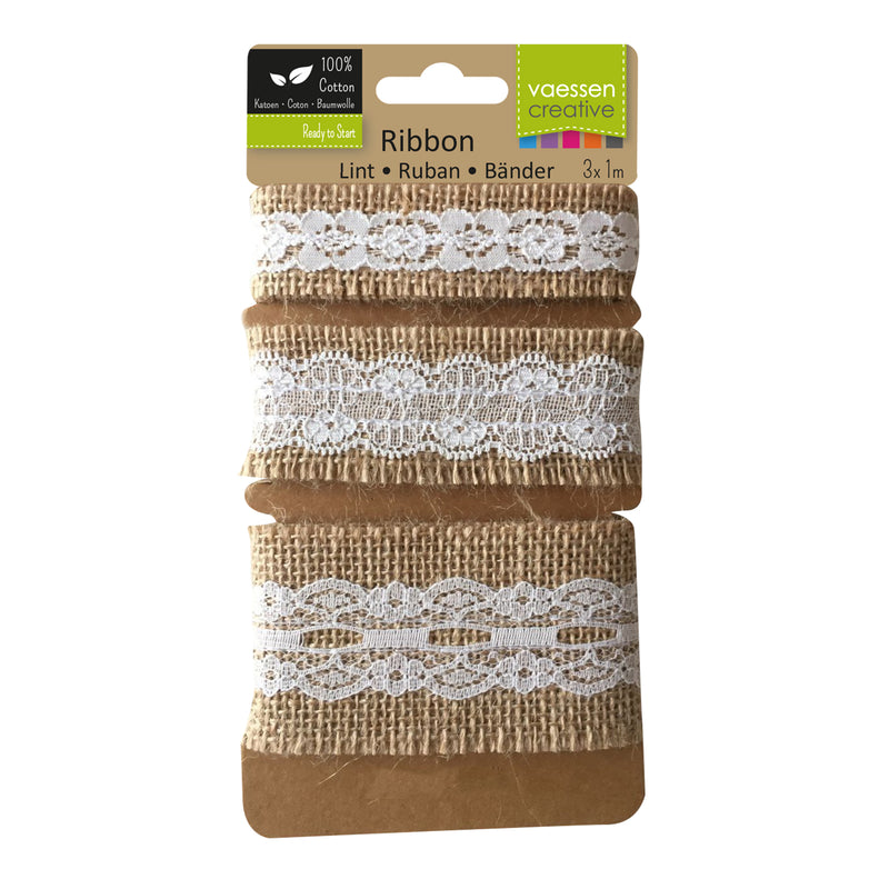 Vaessen creative • assortimento nastro di iuta pizzo avorio naturale 3 pezzi 1 m