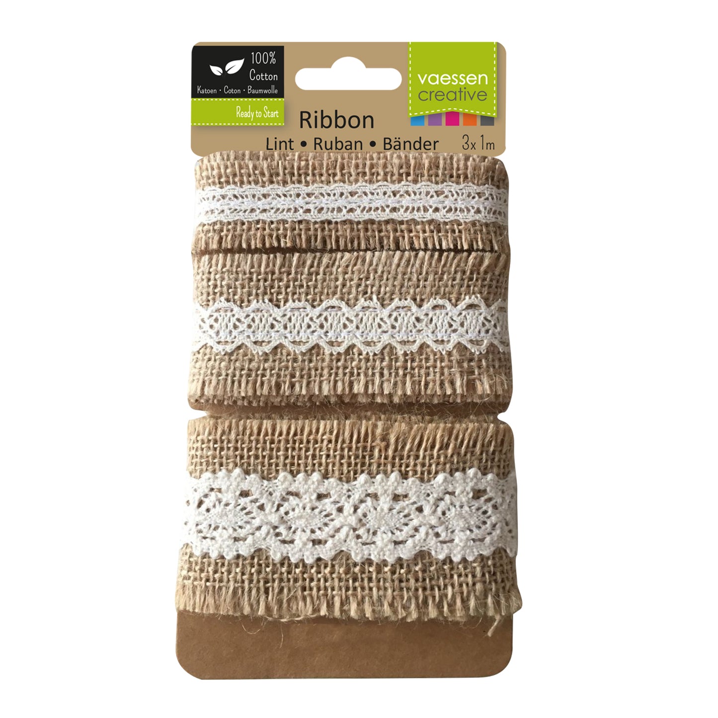 Vaessen creative • assortimento nastro di iuta pizzo avorio naturale 3 pezzi 1 m