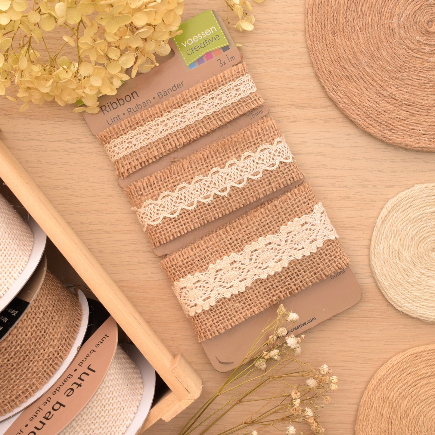 Vaessen creative • assortimento nastro di iuta pizzo avorio naturale 3 pezzi 1 m