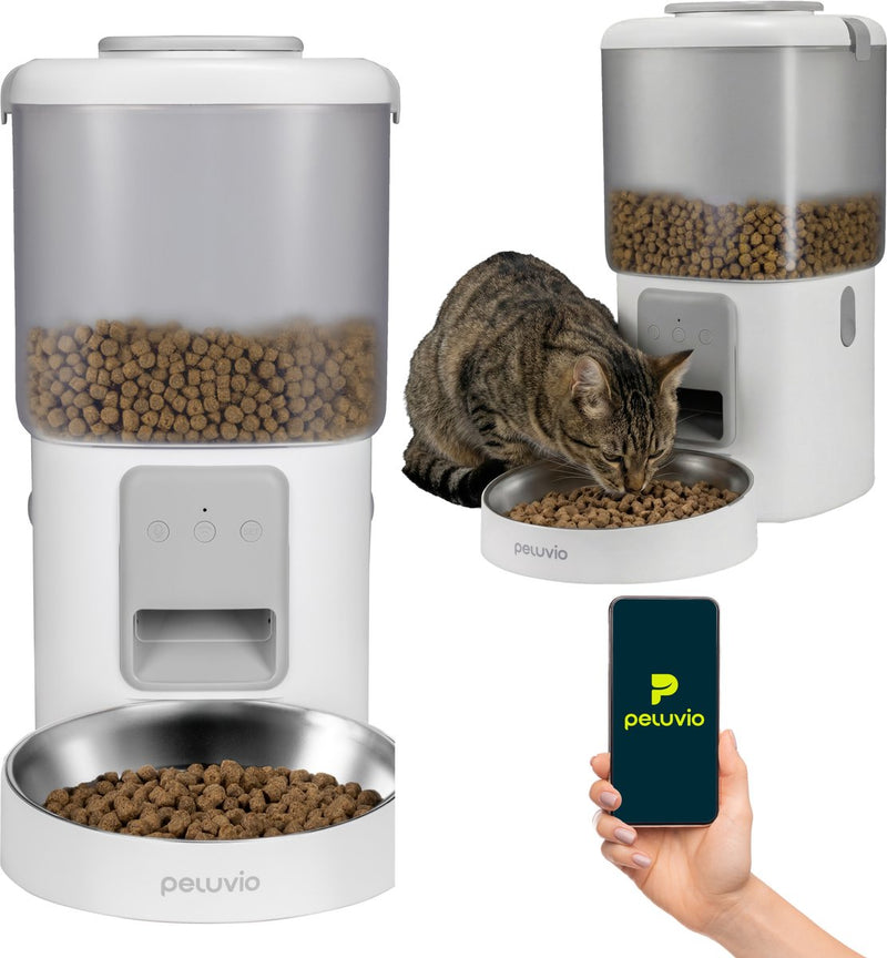 Peluvio Crispy con app - ciotola automatica per cani e gatti - cibo secco 4,5l 5-15 mm - ciotola in acciaio inox - batteria tampone - audio - mangiatoia automatica - dispenser cibo