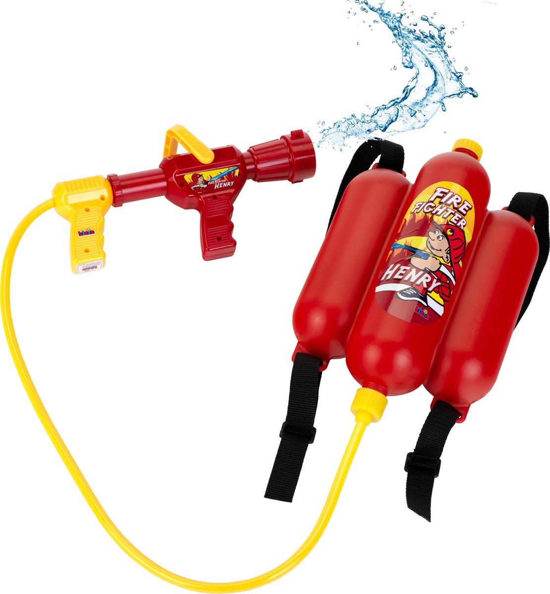 Klein Toys siringa antincendio giocattolo - 31x21x9 cm - incl. serbatoio acqua portatile da 2 litri e getto d'acqua singolo o doppio - rosso giallo