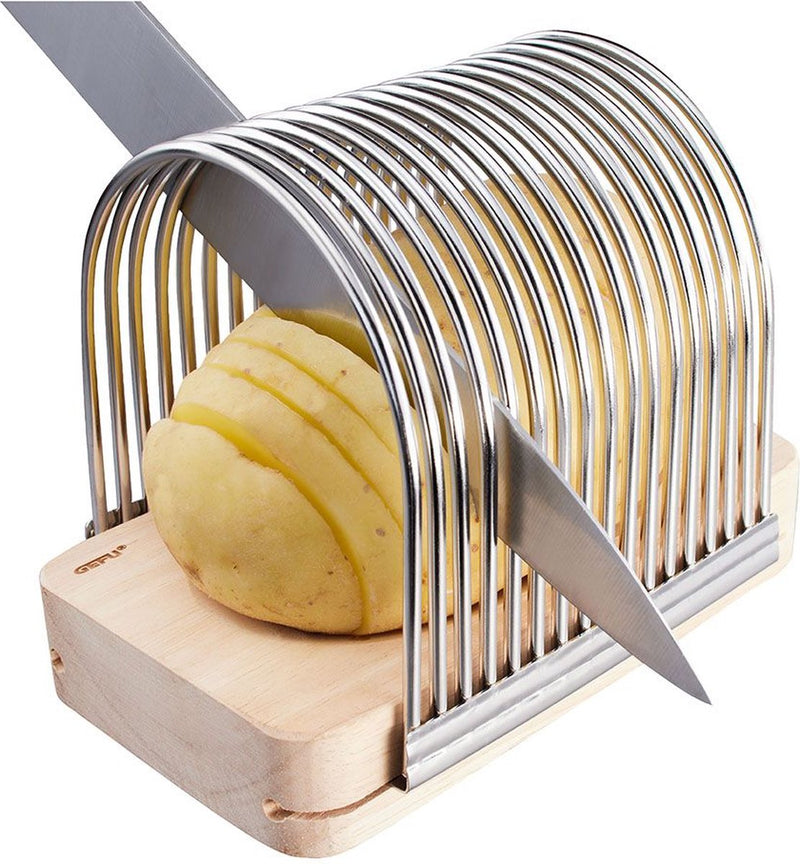Cortador de patatas Gefu Hassel Hasselback – acero inoxidable y madera – para patatas y verduras – 14 cm