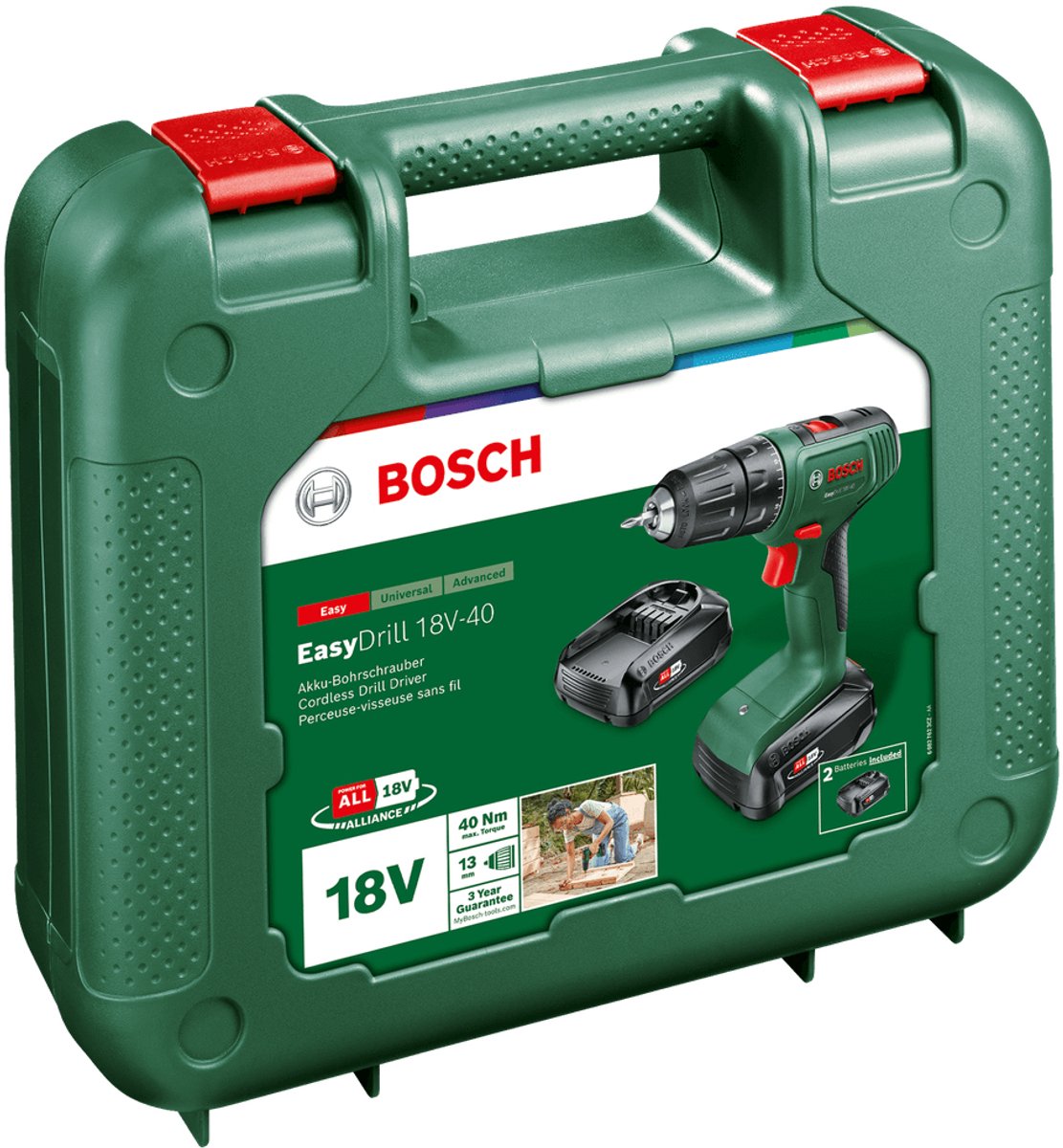 Bosch Hogar y Jardín EasyDrill 18V-40 06039D8002 Taladro inalámbrico 18 V 1,5 Ah Li-ion incl. 2 baterías, incl. cajón