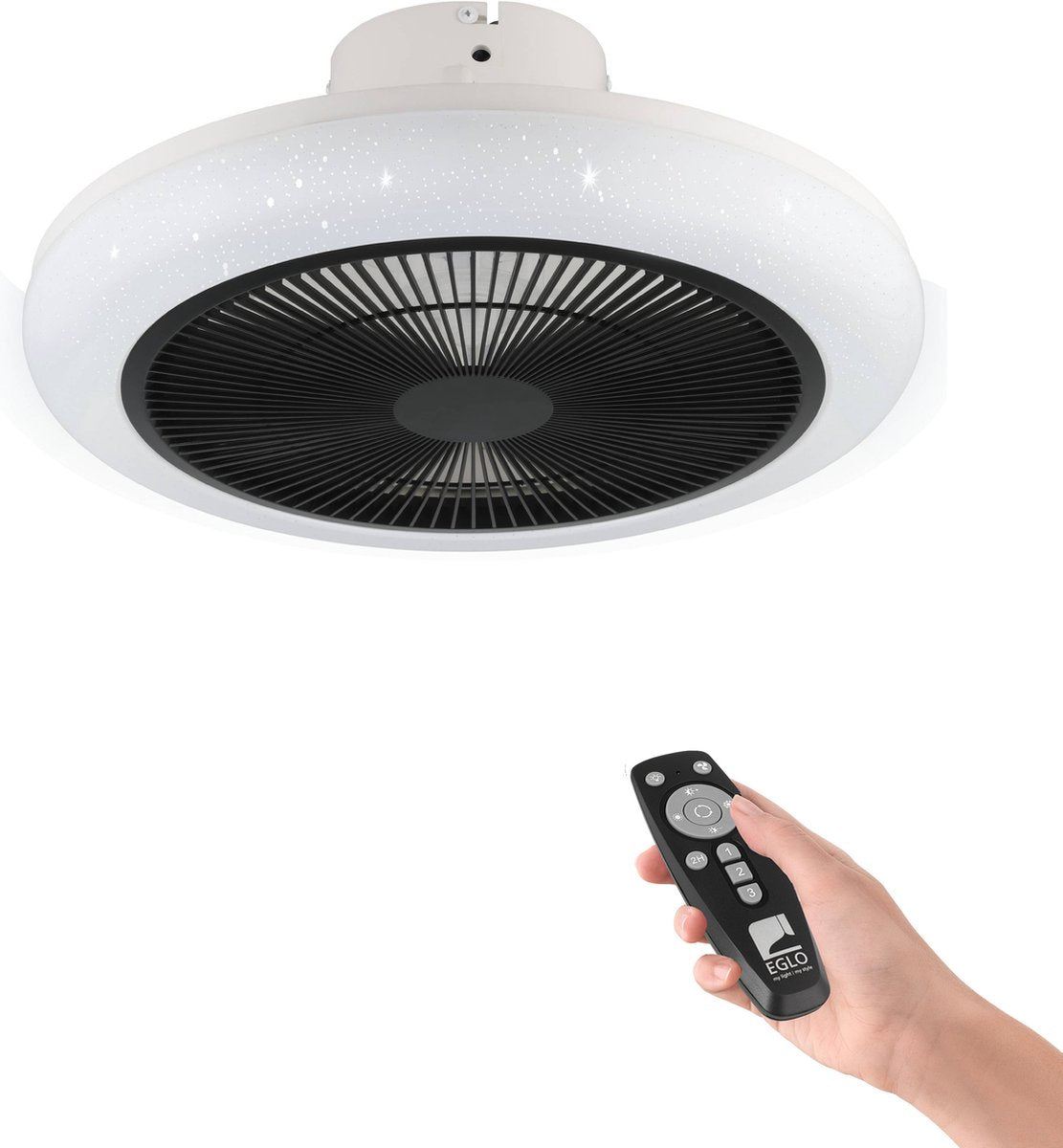 Ventilatore da soffitto con lampada Eglo Kosrena - ø 45,5 cm - 3 velocità - luce bianca regolabile - dimmerabile - ac maggiore durata - bianco nero - stelle