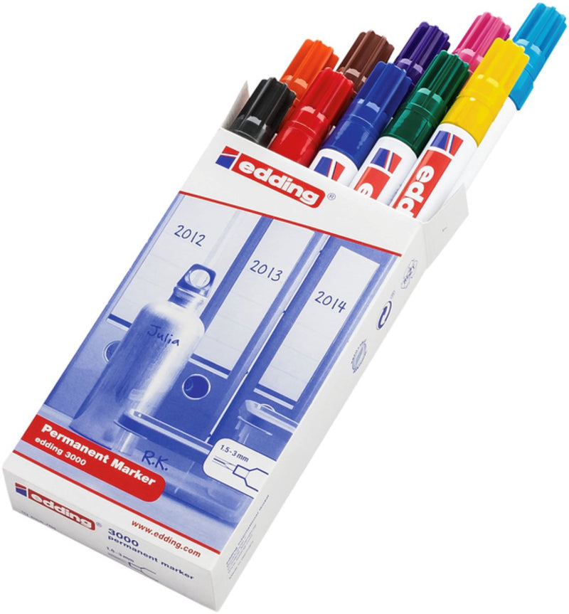 Pennarello indelebile Edding 3000 - 10 colori - 10 pennarelli - punta tonda 1,5-3 mm - resistente all'acqua e all'abrasione - per cartone, plastica, legno, metallo, ecc. - pennarelli ad alcool per adulti