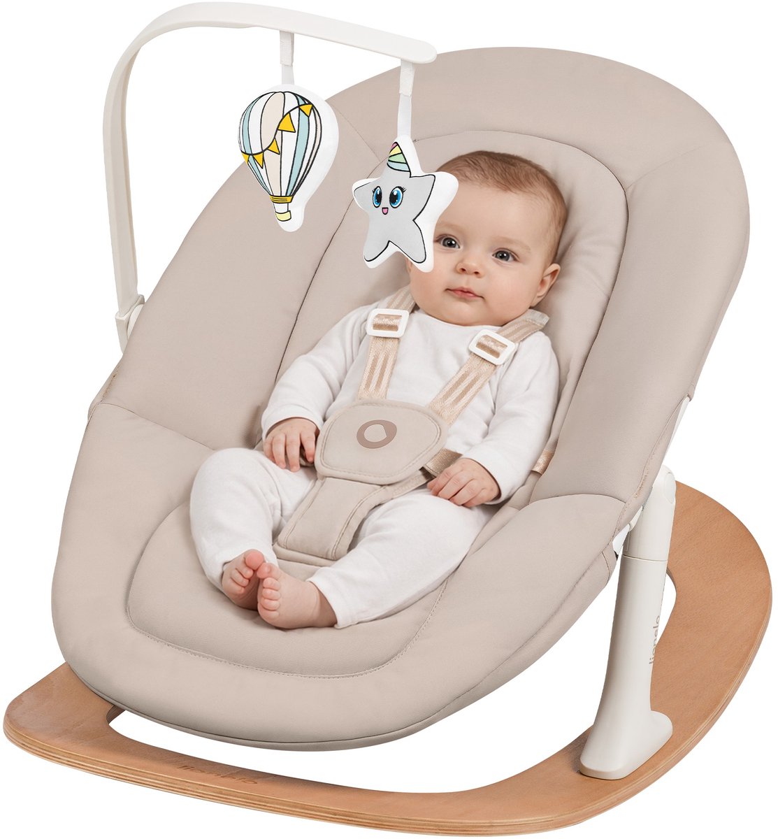 Mecedora Lionelo celia - hamaca para bebe - de madera - 2 posiciones de respaldo - arnes de 5 puntos - arco de juego con 2 juguetes - madera - balancín